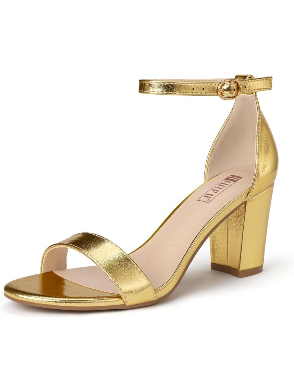 Women's Gold Pu Adjustable Ankle Strap Open Toe Chunky Short Heel Sandals